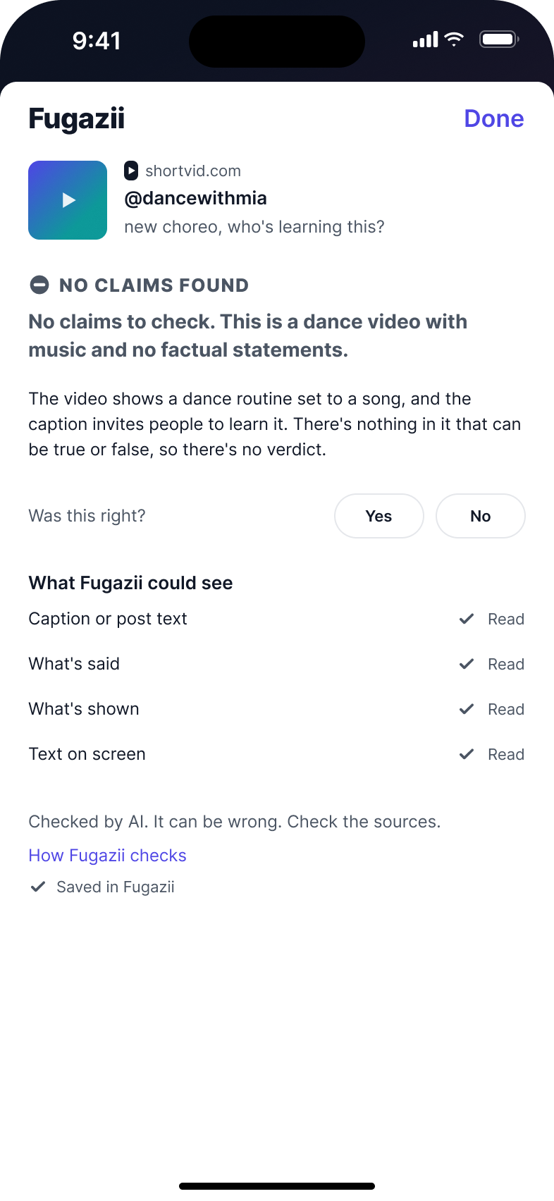 Fugazii result NO CLAIMS FOUND for a dance video by @dancewithmia. Headline: No claims to check. This is a dance video with music and no factual statements.